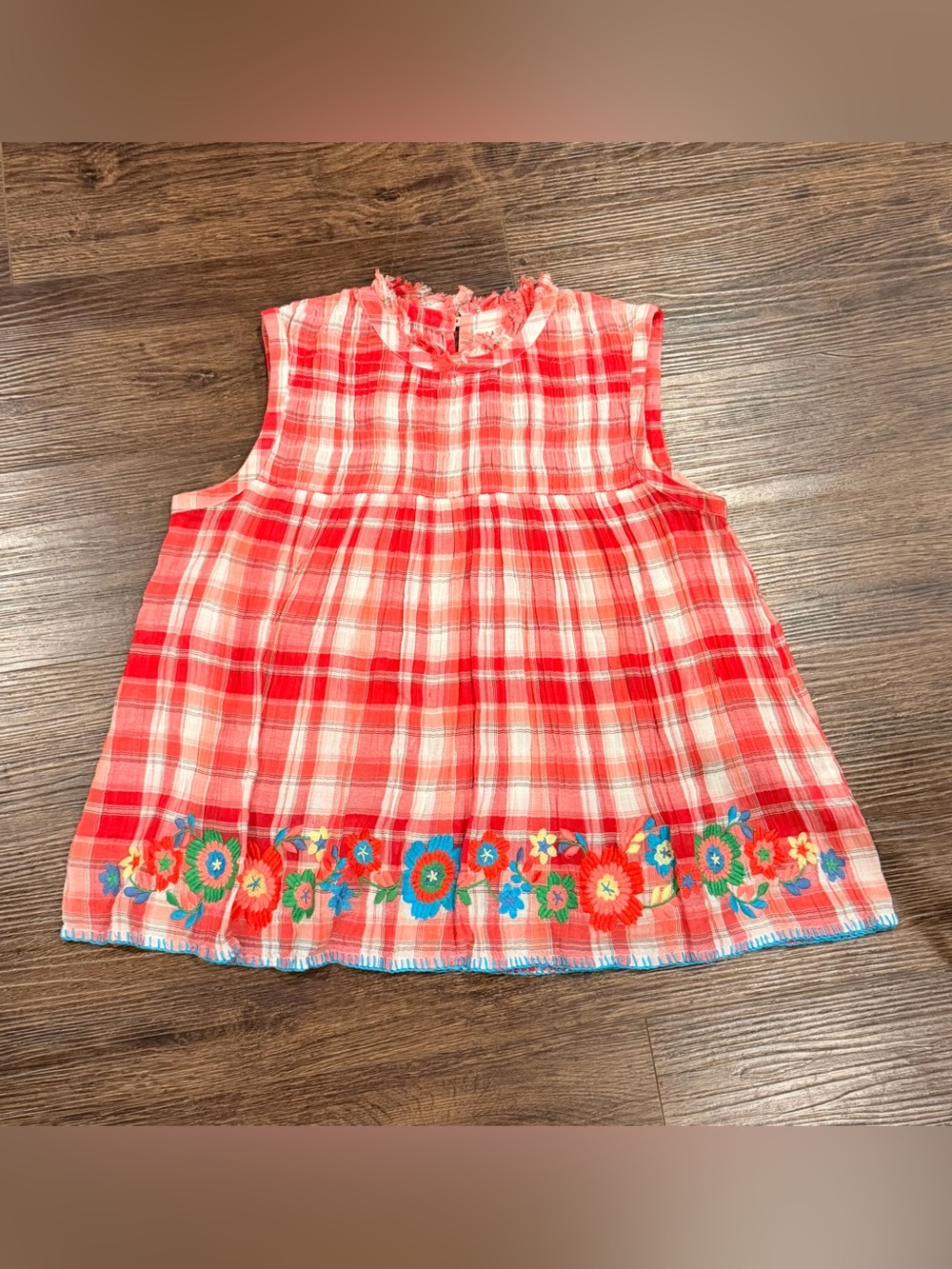 Red Plaid Sleeveless Camisole with Embroidered Floral Border